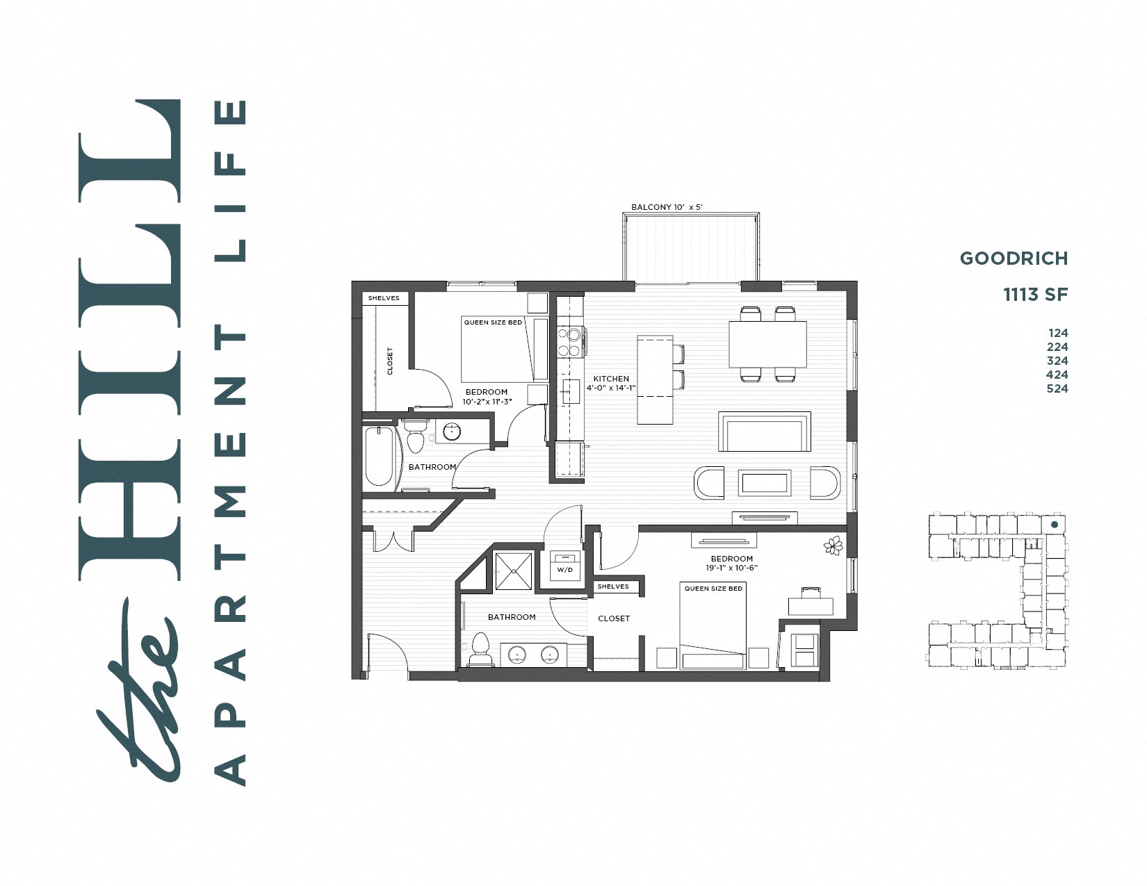 Floor plan for 2 beds, 2 baths, 1113 sqft